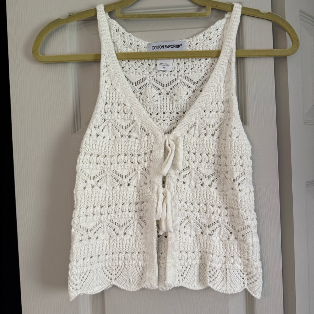 Cotton Emporium White Crochet Tank Top with Front Ties and Scalloped Bottom